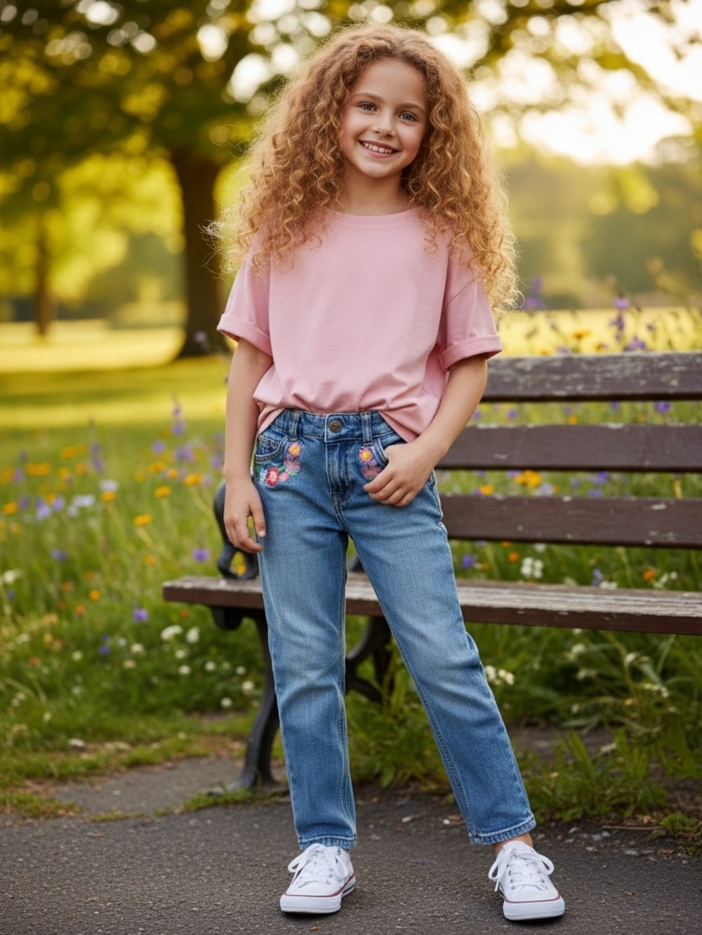 Boden Girls Blue Embroidered Floral Denim Jeans size 6/7 100% Cotton